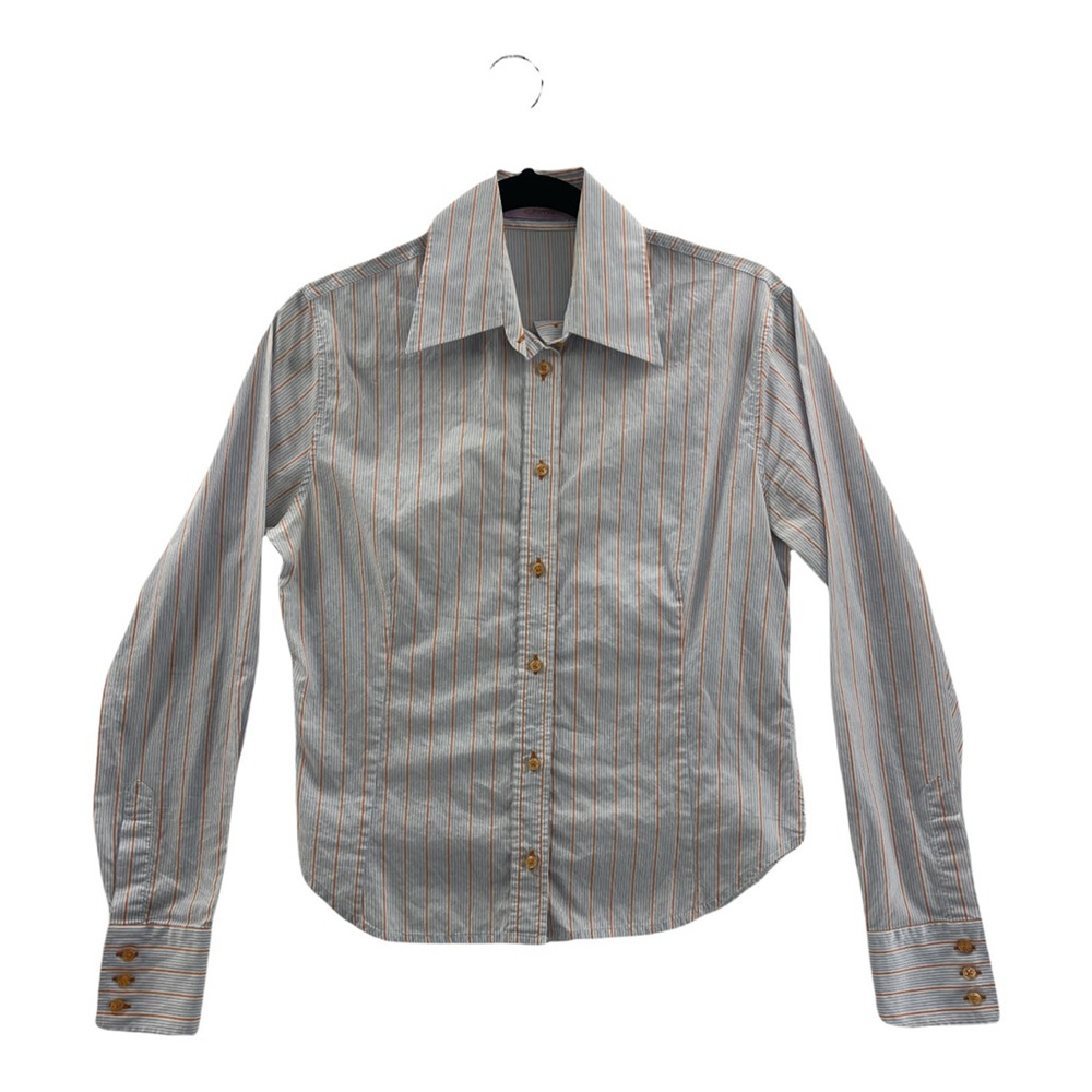 Kuhlman Womens Button Front Shirt White Blue Striped Cotton Long Sleeve Collar M